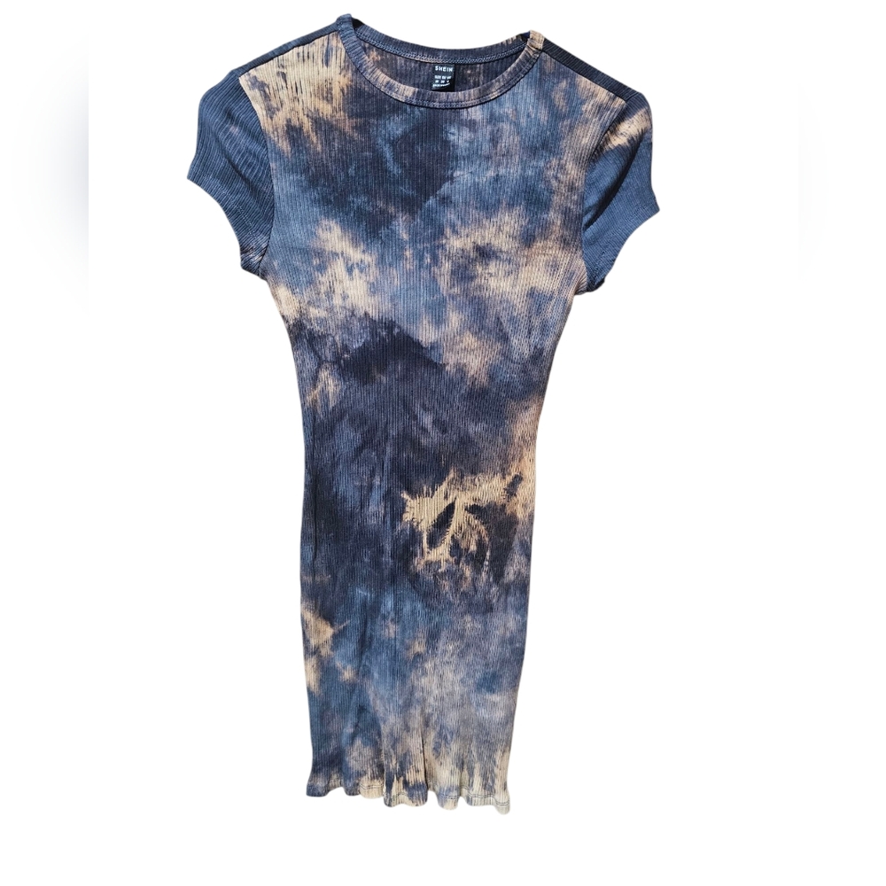 Blue and Cream Bleach Tie-Dye Dress Size Medium Shein - Picture 1 of 4
